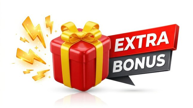 Red gift box with yellow ribbon and lightning bolts next to extra bonus sign