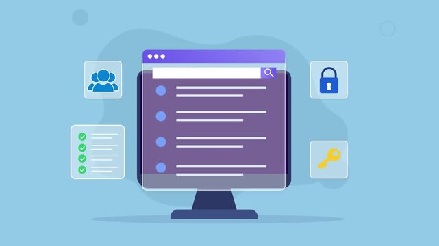 Flat vector animated desktop monitor displaying a task management dashboard with checklist, cloud services, security icons, and workflow interface. Ideal for productivity, business, and technology mot