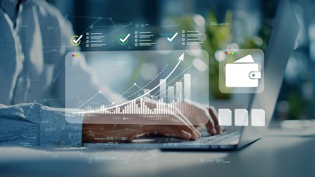 Business financial analytics dashboard tracking revenue growth, performance indicators and businessman reviewing strategic financial objectives in modern office