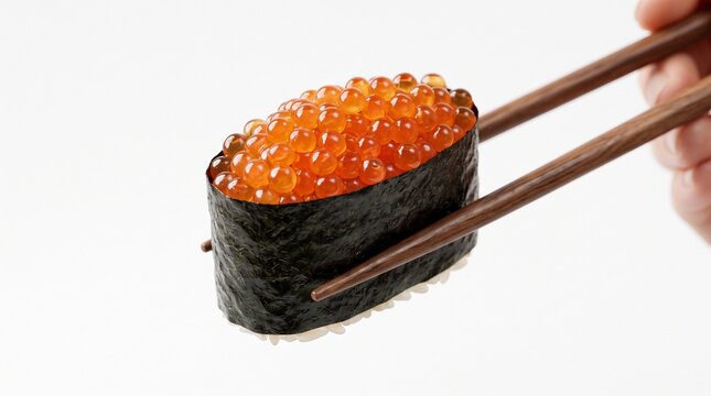 Hand holding a fresh Ikura gunkan sushi roll with wooden chopsticks on white background