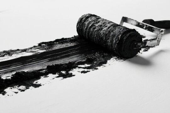 Black ink roller painting a textured line on a white surface