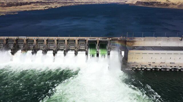 4K aerial drone footage of John Day Dam near Rufus, Oregon, USA. Hydroelectric power station, renewable energy, pelicans fishing below the spillway in the Columbia River Gorge