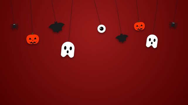 Hanging halloween props on crimson red background, swinging papercraft bats spiders motion graphics