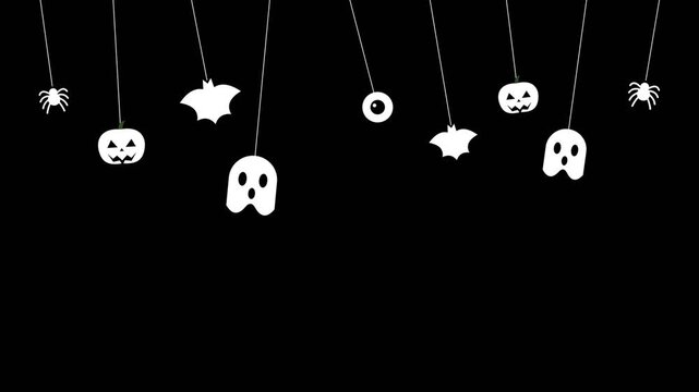 Hanging halloween props luma matte overlay, white papercraft bats spiders mask motion graphics