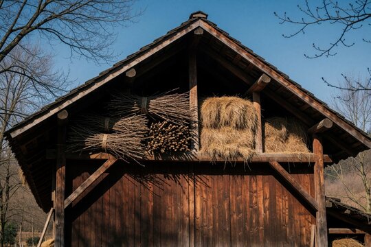 Rustic wooden barn holds stacked straw hay bales, dry tree branches under roof. Traditional farm storage shed structure stands in countryside outdoors. Rural agricultural building kepic animal fodder