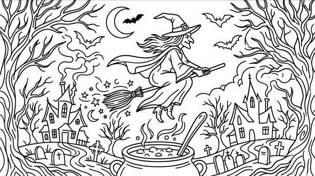 Witch flying on broomstick at night.