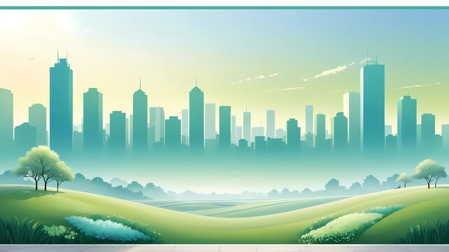 Green eco city skyline panoramic vector background with rolling hills and park
