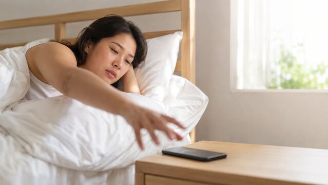 Young Asian woman waking up in bed reaching for her smartphone on the nightstand.