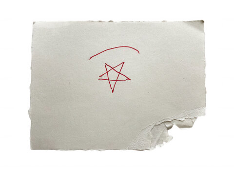 Torn piece of rough paper with a hand drawn red pentagram symbol isolated on transparent background for occult art
