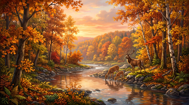 autumn in the forest, Golden autumn forest with colorful leaves, peaceful river, deer family, warm sunset, highly detailed digital painting