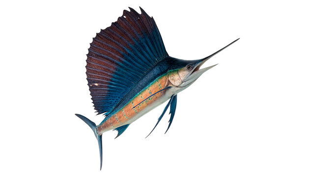 Exotic sailfish marine predator fish swimming fast with prominent sail fin underwater wildlife isolated on transparent background cut out