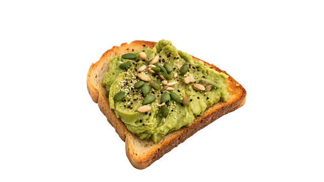 Healthy slice of toasted bread topped with mashed green avocado spread gourmet breakfast isolated on transparent background cut out