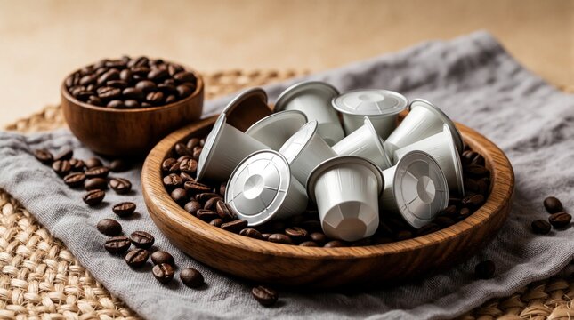 White coffee pods rest inside round wooden bowl filled with roasted brown beans. Fresh organic grains surround capsule containers on grey linen fabric napkin. Close up view of beverage ingredients