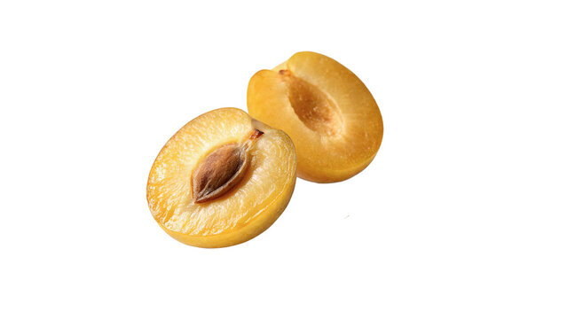 Fresh ripe apricot fruit cut in half showing juicy flesh and central pit isolated on transparent background cut out