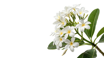 Obraz premium Beautiful cluster of white frangipani plumeria flowers with green leaves blossoming elegantly isolated on transparent background cut out