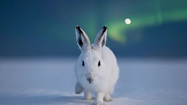 Arctic hare sitting on snow under aurora borealis northern lights and moon in winter landscape nature wildlife concept