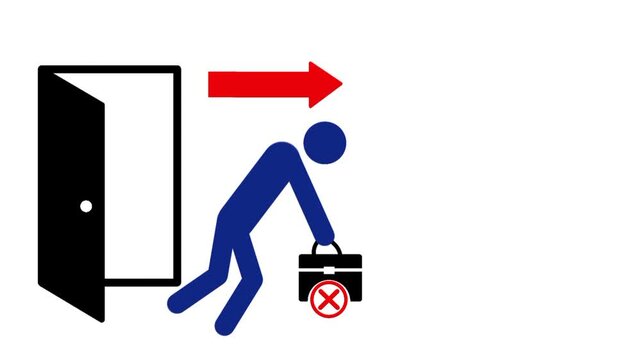 Employee layoff icon featuring a person leaving through a door while holding a briefcase. Suitable for employment termination, career transition, and workforce reduction concepts.