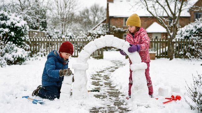 Children playing in snow building a large snow arch in the backyard