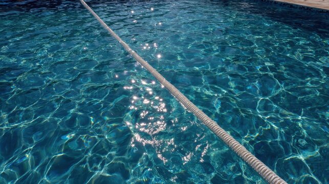 A serene view of a crystal clear swimming pool with a dividing lane rope, capturing the rhythmic dance of sunlight reflecting on the gentle, azure ripples of the refreshing water.