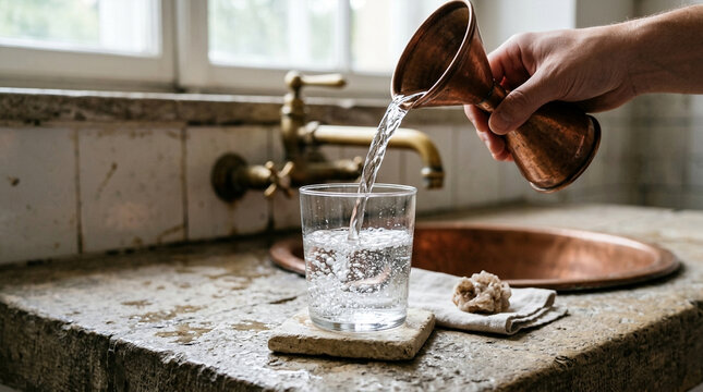 Clean Fresh Water Poured into Glass from Copper Jigger in Vintage Sink