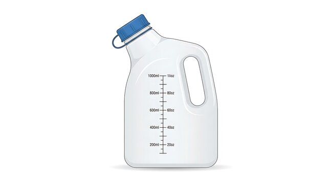 Male urinal bottle for hospital use. Plastic portable container for patient urine collection.