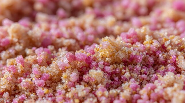 Macro Photography of Crystalline Pink and Golden Sugar Granules Creating a Vibrant Textured Surface for Culinary Delicacies and Gourmet Dessert Toppings