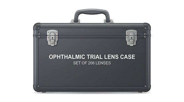 Ophthalmic trial lens case for eye exams. Professional optometry kit for vision testing.