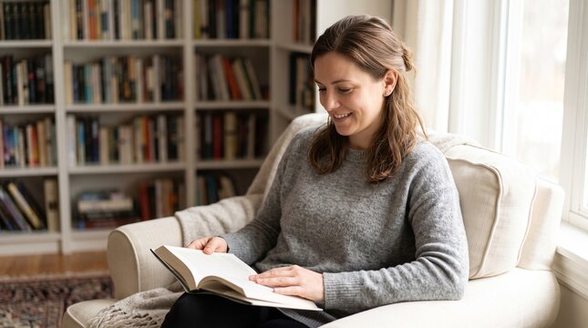 Happy young woman reading book in cozy armchair at home