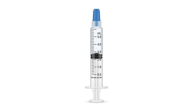 Pediatric oral medicine syringe. Plastic dosing tool for liquid medication and vitamins.