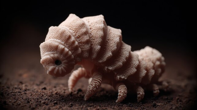 Detailed macro view of a segmented insect larva with prominent spiracles on its abdomen