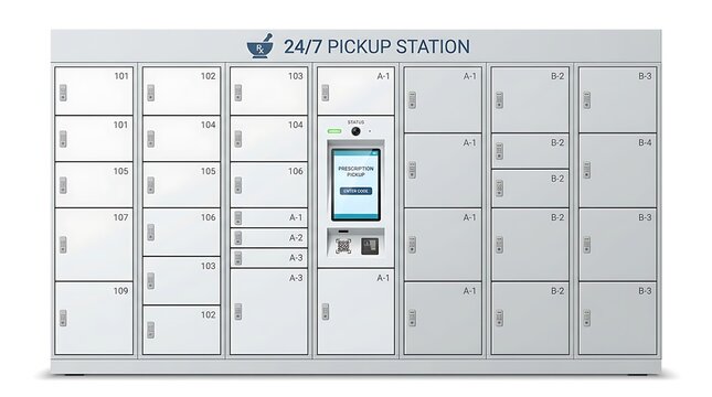 Pharmacy prescription pickup locker. Automated medicine dispensing kiosk for 24/7 service.