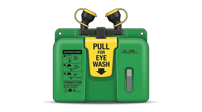 Portable eye wash station. Emergency wall-mounted safety equipment for industrial workplace.