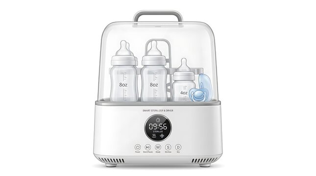Modern baby bottle sterilizer. Electric steam cleaning device for infant feeding bottles.