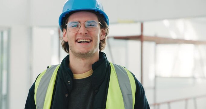Face, man or laugh in construction for site operations, workforce supervision or renovation project. Happy, safety and foreman with glasses for building development, commercial upgrade or maintenance