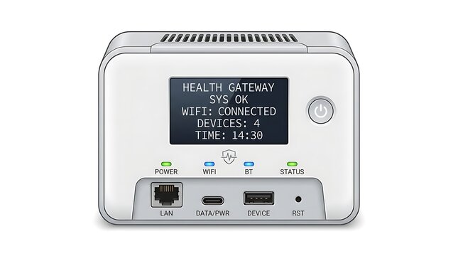 Smart health monitoring gateway device. Digital medical hub for remote patient data tracking.