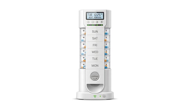Smart pill dispenser on white background. Automated medication organizer for elderly care.