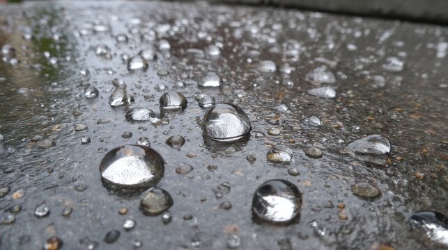 Macro Photography of Raindrops on Asphalt: A Serene Study of Liquid Spheres and Surface Textures Capturing the Essence of a Rainy Day in Natural Light