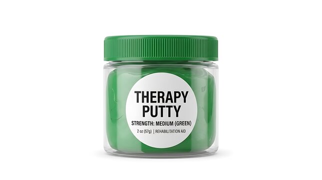 Green therapy putty in a plastic jar. Hand exercise equipment for physical rehabilitation.