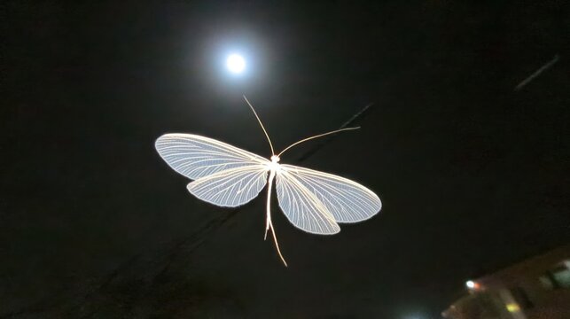 Ethereal Mayfly Insect with Feathery Antennae Illuminated by Moonlight