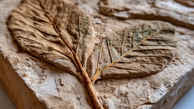 A Timeless Impression: Exquisite Fossilized Leaf Imprint Captured in Ancient Sedimentary Rock, Showcasing Intricate Botanical Veins and Earthy Textures of Prehistoric Geological History