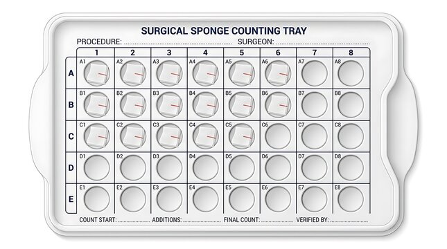 Surgical sponge counting tray for operating room. Medical equipment for counting gauze pads.