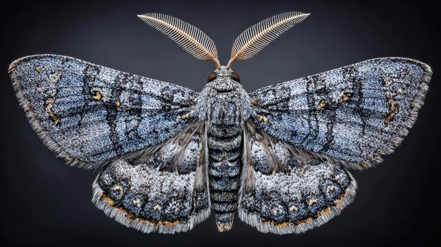 Exquisite Grey Moth With Feathery Antennae Displays Intricate Wing Patterns In Macro Detail