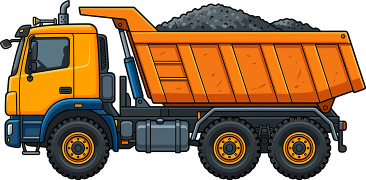 Heavy duty orange dump truck side view vector illustration on transparent background