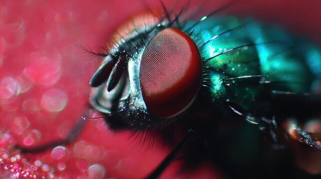 Extreme Macro View of a Green Fly's Iridescent Compound Eye Showcasing Intricate Details and Reddish Hues