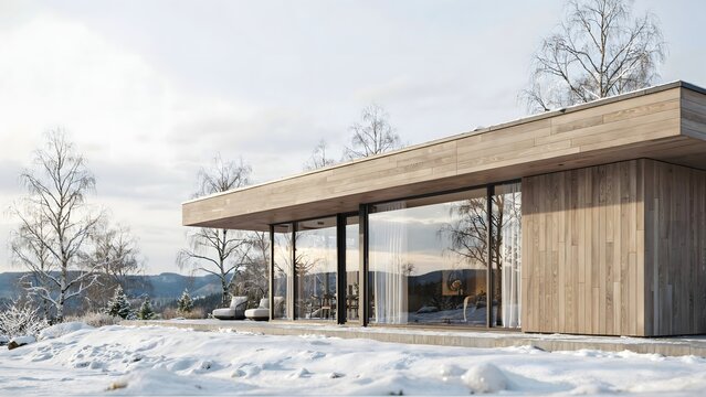 Modern Scandinavian wooden house with panoramic windows in snowy landscape