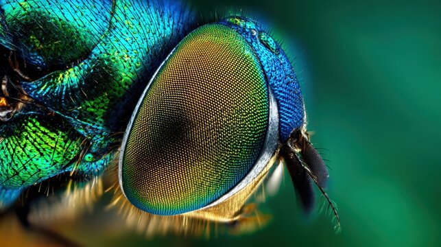 Extreme macro view of a fly's iridescent compound eye showcasing thousands of individual facets