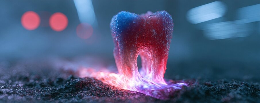 Glowing blue and red crystal tooth erupting from dark textured surface with light particles