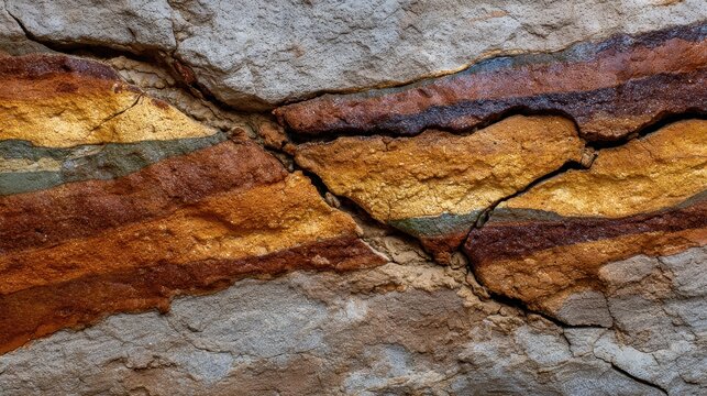 A close-up study of sedimentary rock strata reveals the raw, textured beauty of geological time, showcasing intricate layers of ochre, rust, and earth-toned minerals in a rugged landscape.