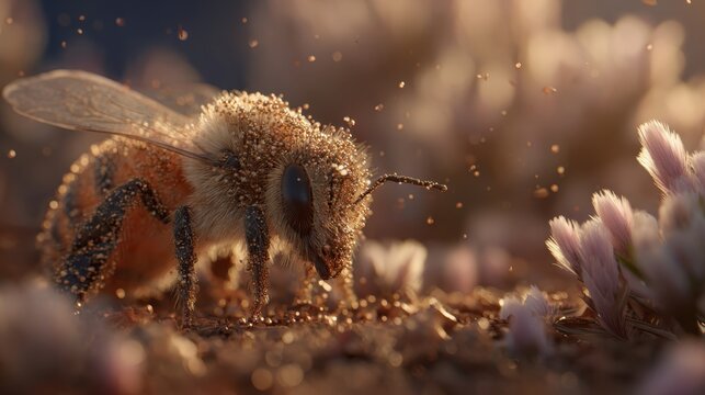 Fuzzy Honeybee Covered in Golden Pollen Grains Macro Shot Detailed Insect Collection