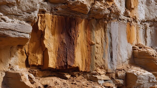 A Majestic Close-up of Ancient Geological Strata Revealing Natural Earthy Textures and Vibrant Mineral Layers Within a Rugged Cliffside Formation